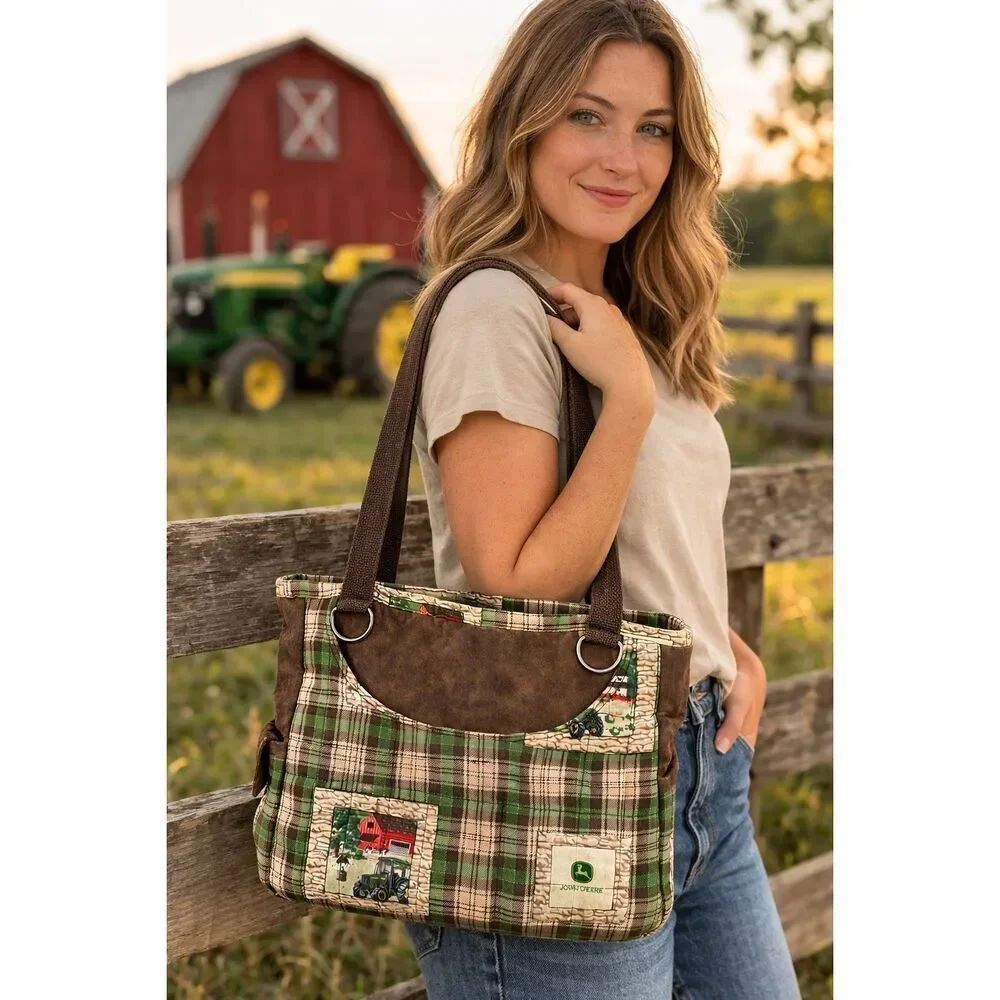 Handcrafted Hobby Bags John Deere Cloth Quilted Purse Zip Closure Multi Pockets